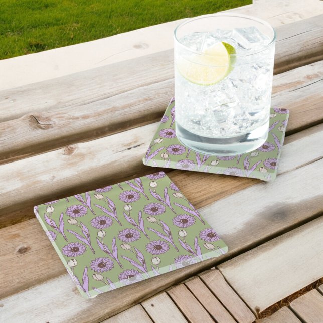 Green Purple Retro Y2K Funky Hippie Flower Pattern Glass Coaster (Creator Uploaded)