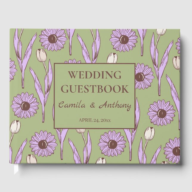 Green Purple Retro Y2K Funky Hippie Flower Pattern Guest Book (Front)