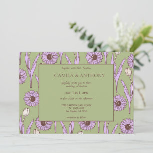 Green Purple Retro Y2K Funky Hippie Flower Pattern Invitation