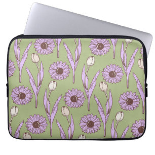 Green Purple Retro Y2K Funky Hippie Flower Pattern Laptop Sleeve