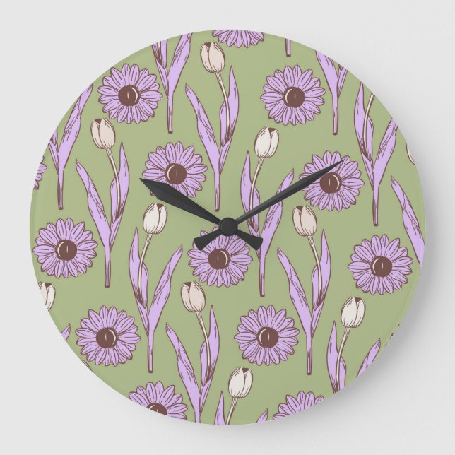 Green Purple Retro Y2K Funky Hippie Flower Pattern Large Clock (Front)
