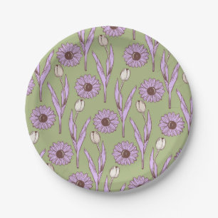 Green Purple Retro Y2K Funky Hippie Flower Pattern Paper Plate