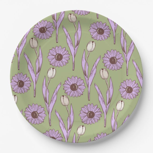 Green Purple Retro Y2K Funky Hippie Flower Pattern Paper Plate (Front)