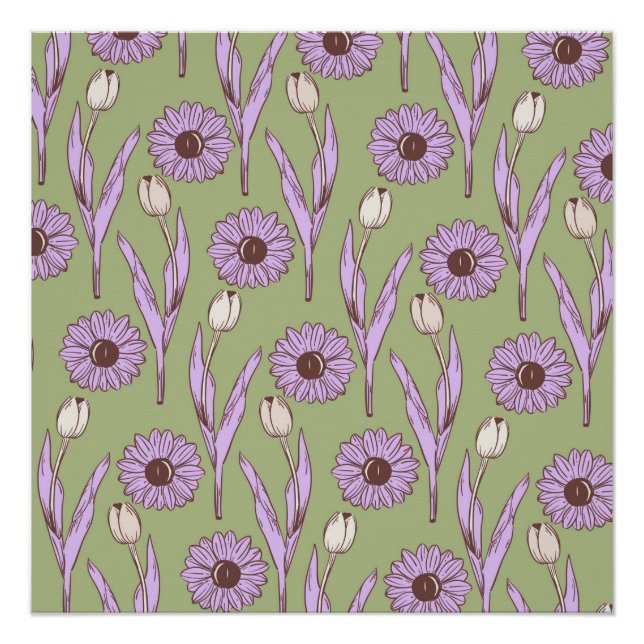 Green Purple Retro Y2K Funky Hippie Flower Pattern Poster (Front)
