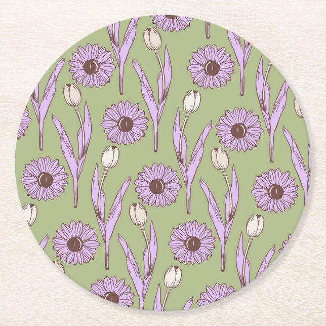 Green Purple Retro Y2K Funky Hippie Flower Pattern Round Paper Coaster (Front)