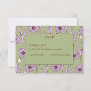 Green Purple Retro Y2K Funky Hippie Flower Pattern RSVP Card
