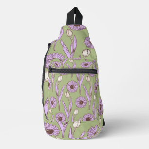 Green Purple Retro Y2K Funky Hippie Flower Pattern Sling Bag