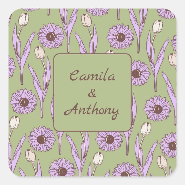 Green Purple Retro Y2K Funky Hippie Flower Pattern Square Sticker (Front)