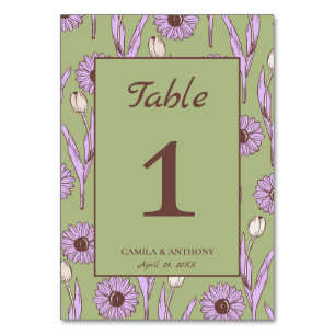 Green Purple Retro Y2K Funky Hippie Flower Pattern Table Number
