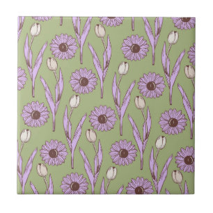 Green Purple Retro Y2K Funky Hippie Flower Pattern Tile