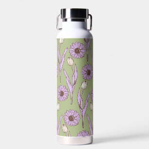 Green Purple Retro Y2K Funky Hippie Flower Pattern Water Bottle