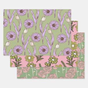 Green Purple Retro Y2K Funky Hippie Flower Pattern Wrapping Paper Sheet