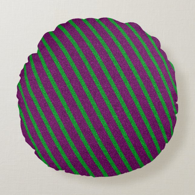 Green & Purple Stripes Glitter Round Pillow (Front)
