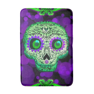 Green & Purple Sugar Skull Glowing Halloween Bath Mat