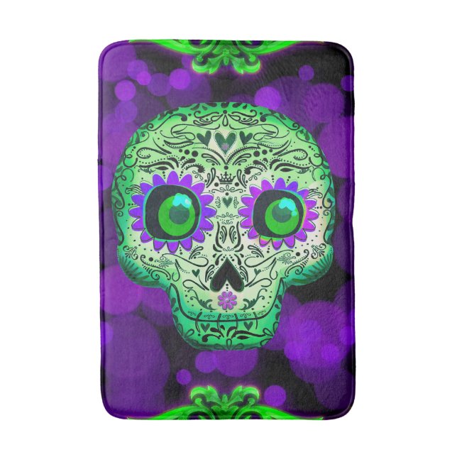 Green & Purple Sugar Skull Glowing Halloween Bath Mat (Front Vertical)