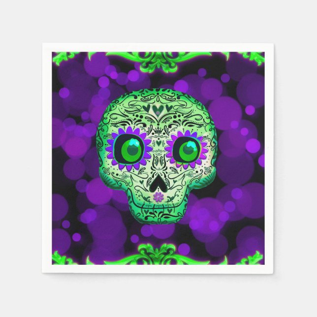 Green & Purple Sugar Skull Glowing Halloween Party Napkin