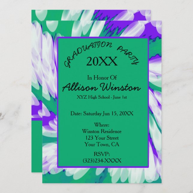 Green Purple Tie Dye Swirl Graduation Invitation (Front/Back)