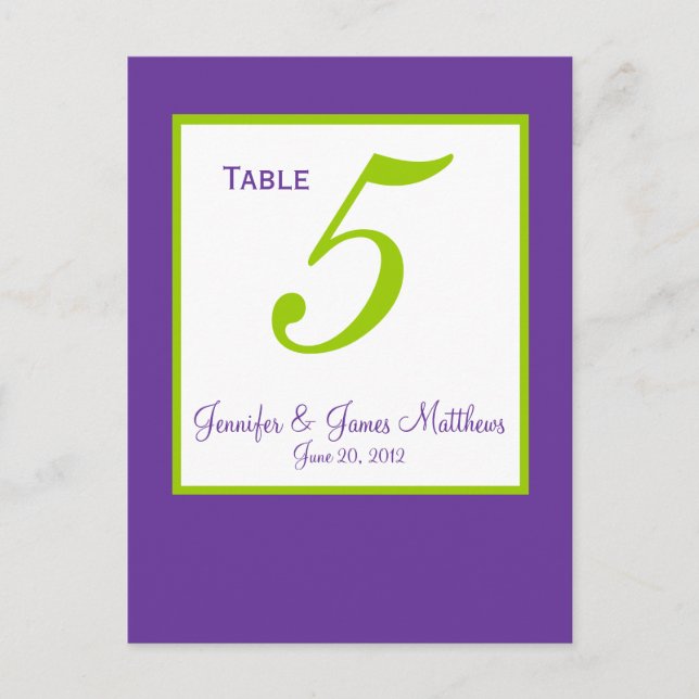 Green Purple Wedding Table Number Cards (Front)