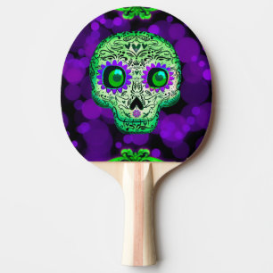 Green & Purple Whimsical Glowing Sugar Skull Ping Pong Paddle