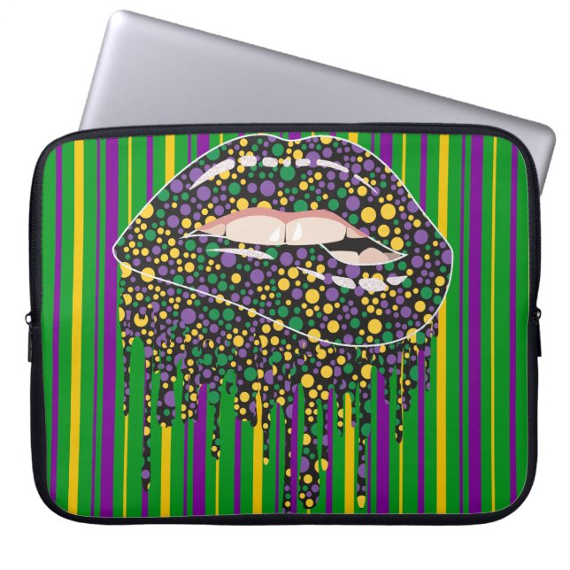 GREEN PURPLE YELLOW STRIPES LUSH LIPS WITH DRIP LAPTOP SLEEVE (Front)