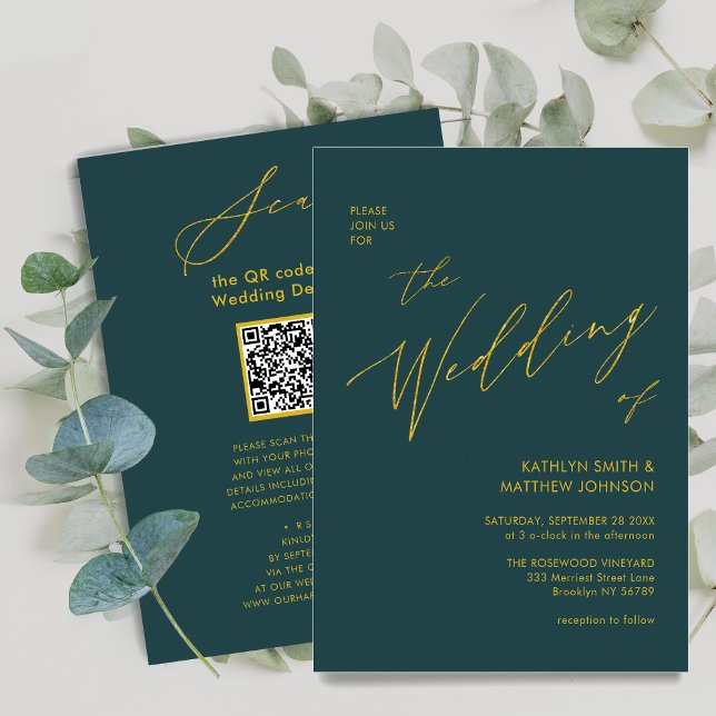 Green QR Code All In One Elegant Gold Wedding Invitation (Creator Uploaded)