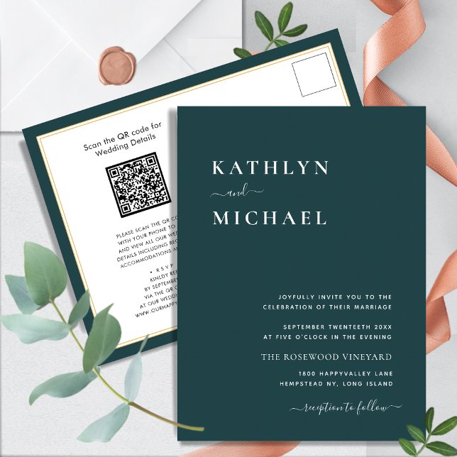 Green QR Code All In One Modern Minimalist Wedding Invitation Postcard (Creator Uploaded)