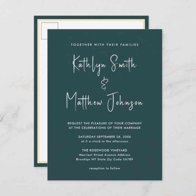 Green QR Code All In One Modern Script Wedding Invitation Postcard (Front/Back)