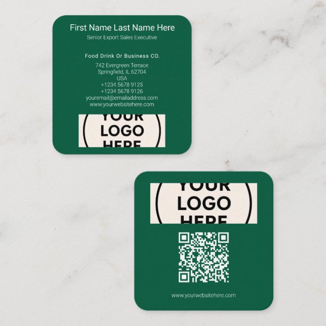 Green QR Code Logo Square Professional Modern Eco Business Card (Front/Back)