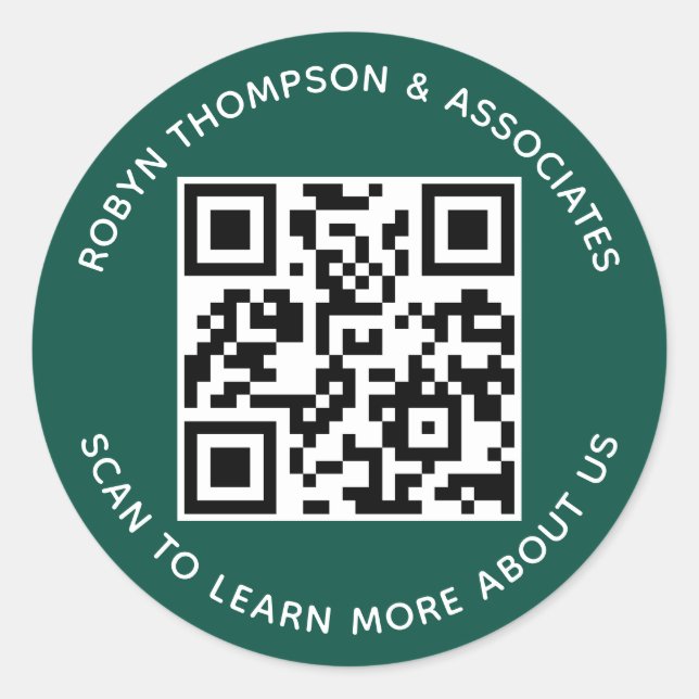 Green QR Code Stickers Custom Business Name Round (Front)