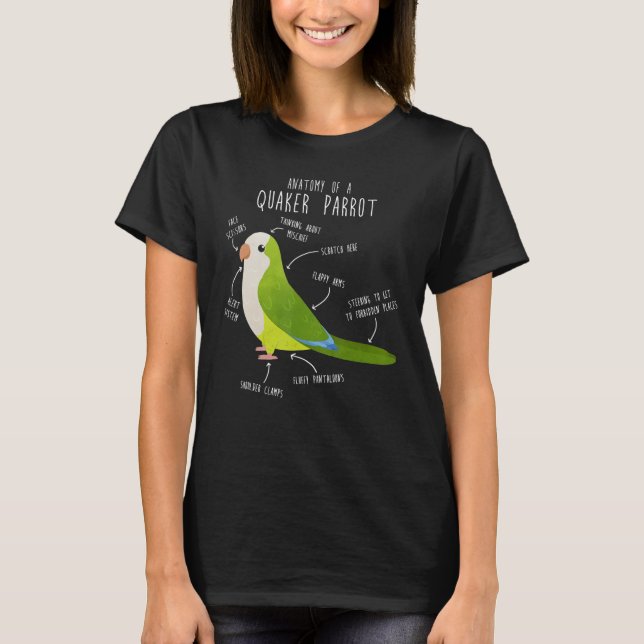 Green Quaker Parrot Anatomy, Cute Funny Pet Monk B T-Shirt (Front)