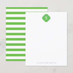 Green Quatrefoil Monogram and Stripes Note Cards