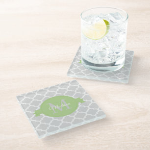 Green Quatrefoil Personalized Glass Coaster