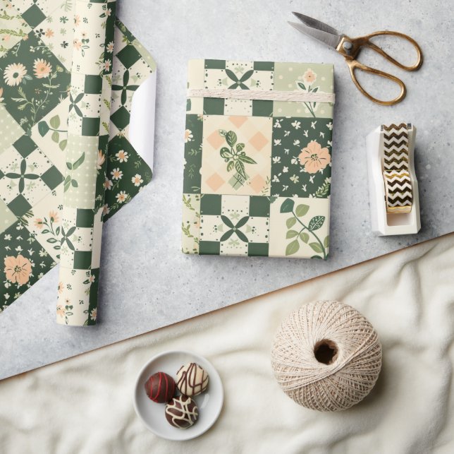 Green Quilt Patchwork Antique Plaid Geometric Wrapping Paper (Crafts)