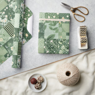 Green Quilt Patchwork Antique Plaid Geometric Wrapping Paper