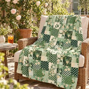 Green Quilt Patchwork Gingham Cottagecore Floral Fleece Blanket
