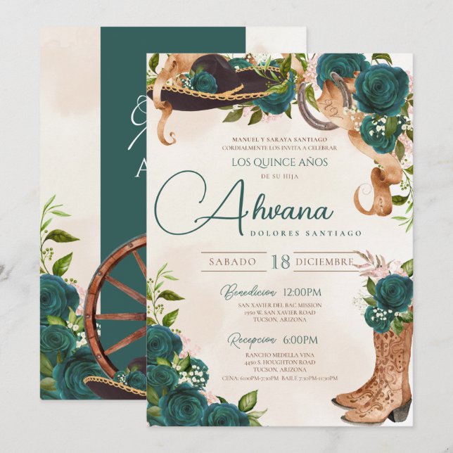 Green Quinceanera Roses Vintage Charro Western Invitation (Front/Back)