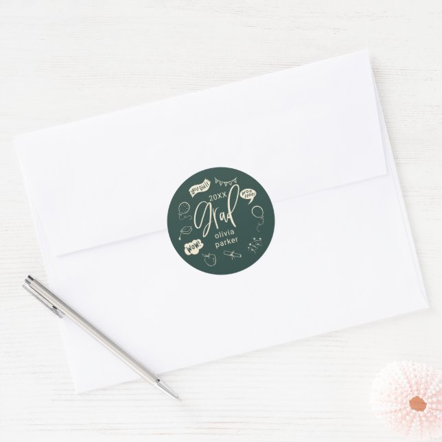 Green Quirky Doodle Graduation Party Favour  Classic Round Sticker (Envelope)