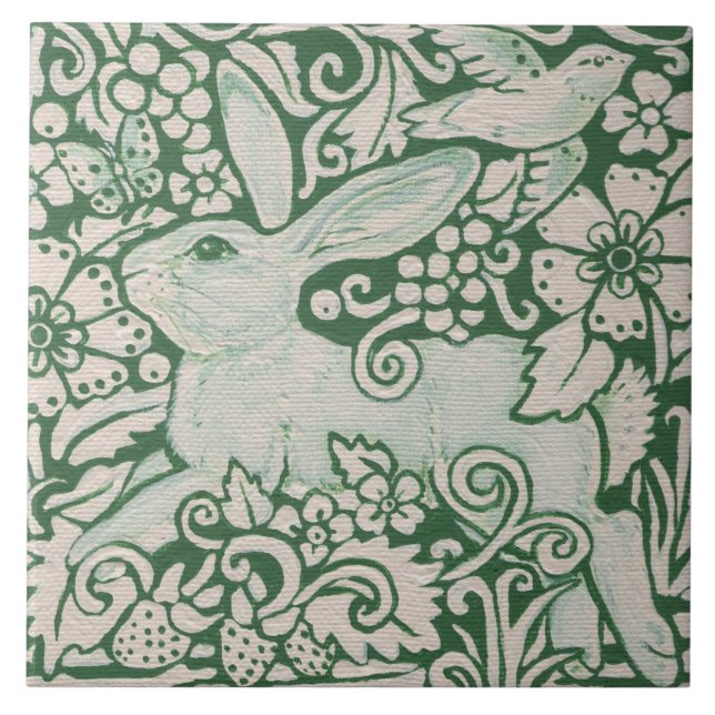 Green Rabbit Running Painting on 6" Tile Trivet (Front)