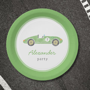 Green race car birthday invitation paper plate