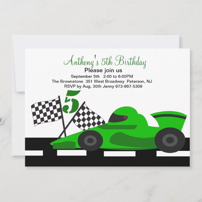 Green Race Car Boys Cinquième Invitation Anniversa (Devant)