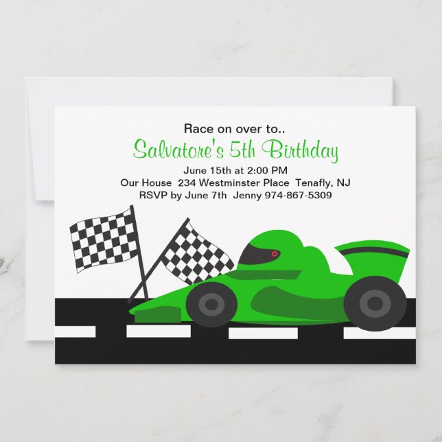Green Race Car Boys Invitation d'anniversaire (Devant)