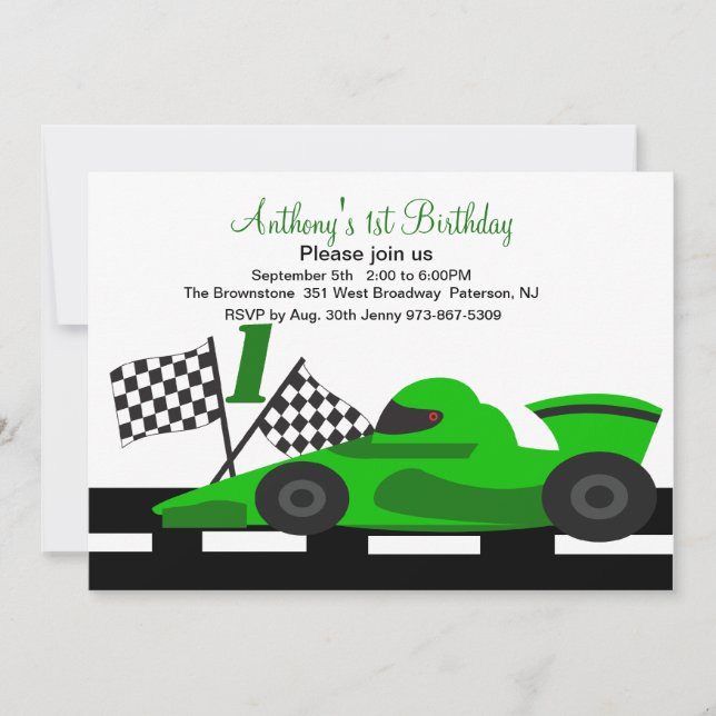 Green Race Car Boys Invitation d'anniversaire (Devant)