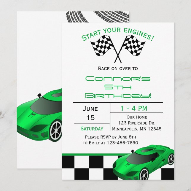 Green Race Car | Custom Kids Birthday Invitation (Front/Back)