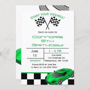 Green Race Car   Custom Kids Birthday Invitation
