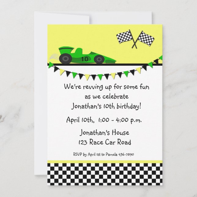 Green Race Car, Flags Birthday Invitation (Front)