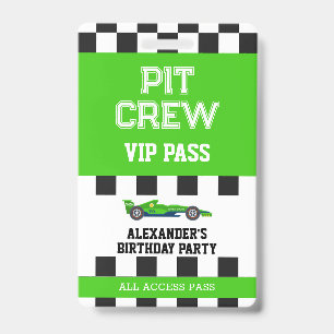 Green Race Car Vip Pass Pit Crew Birthday Party Badge