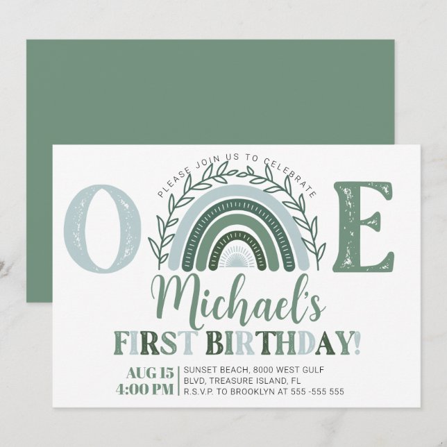 Green Rainbow Birthday Invitation, Earthy Tones Invitation (Front/Back)