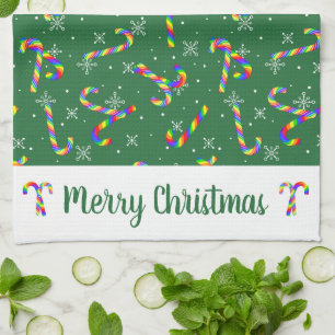 Green Rainbow Candy Canes Christmas Kitchen Towel