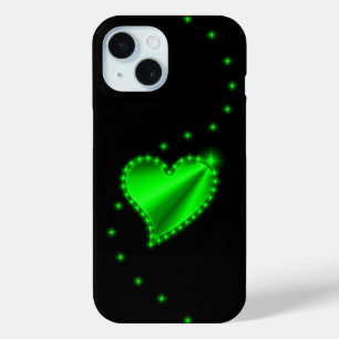 Green Rainbow Heart with Stars on Black iPhone 15 Case