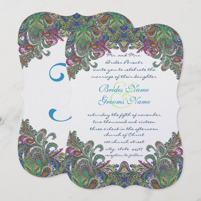 Green Raspberry Blue Mariage damassé Invitation (Devant / Derrière)
